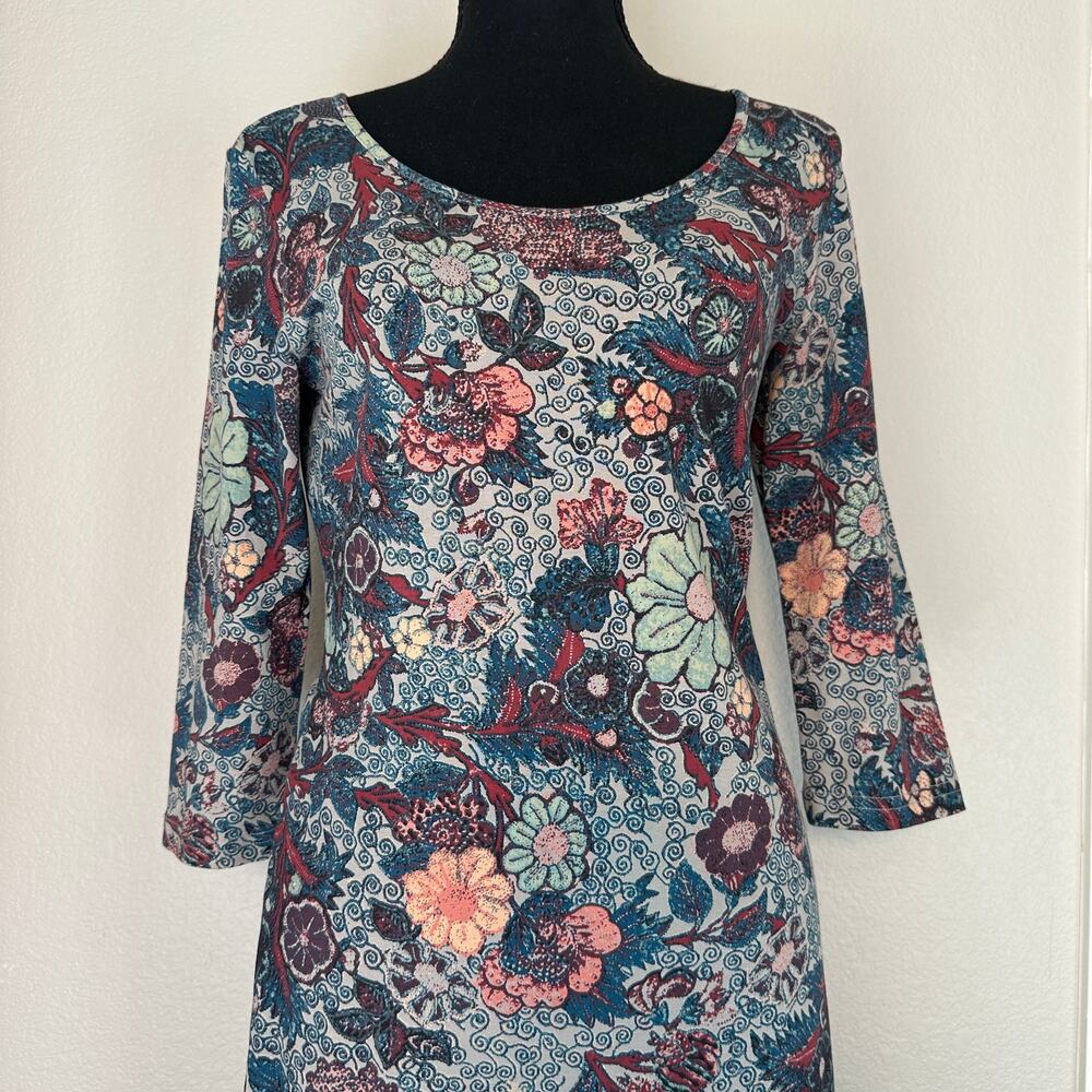 Peruvian Connection Blue Floral Cotton Jersey Midi Dress, Artisan, Luxury, Small